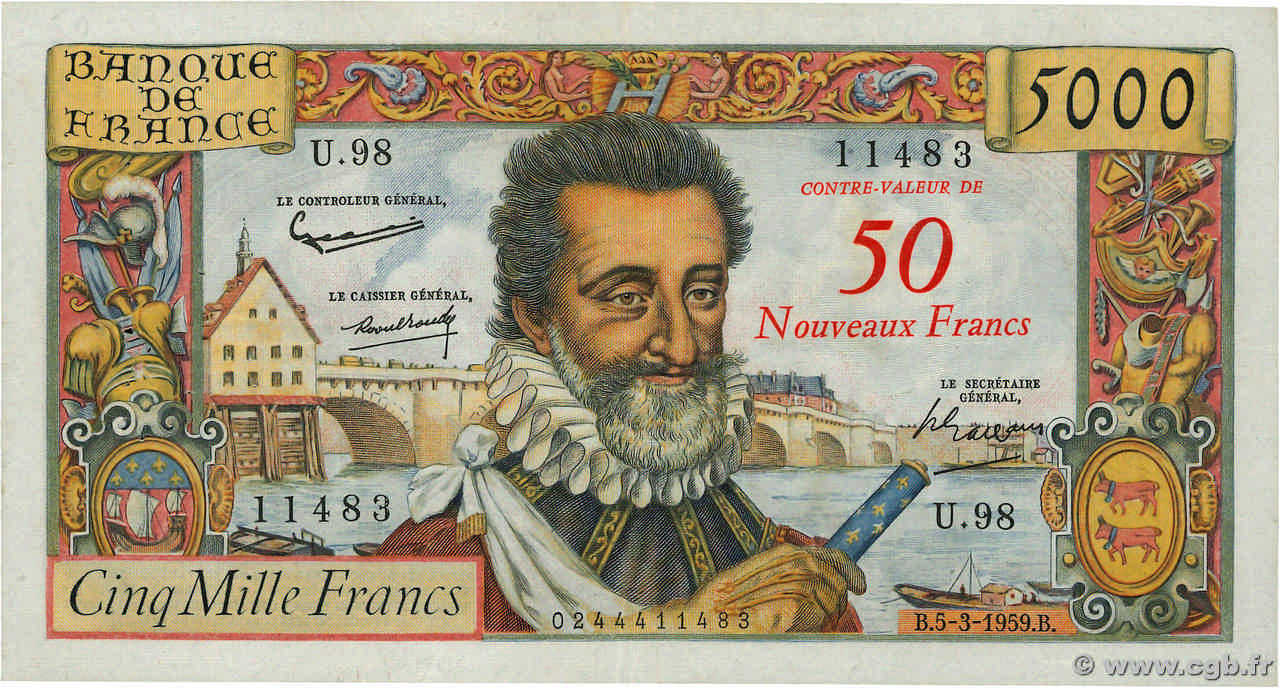 50 NF sur 5000 Francs HENRI IV FRANCIA  1959 F.54.02 BB