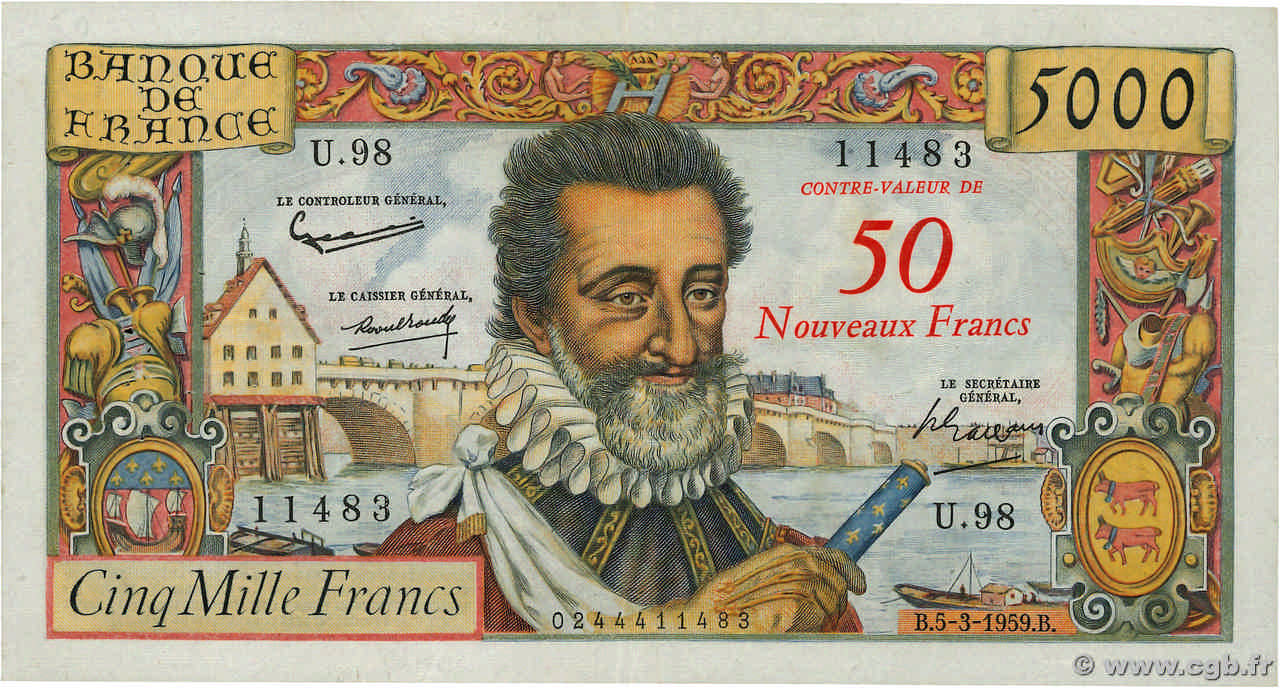 50 NF sur 5000 Francs HENRI IV FRANKREICH  1959 F.54.02 SS