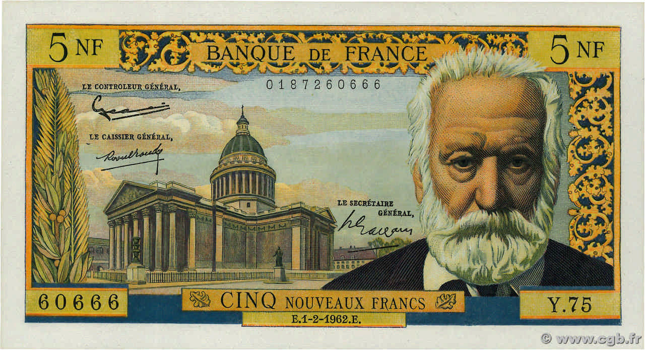 5 Nouveaux Francs VICTOR HUGO FRANKREICH  1962 F.56.10 VZ+