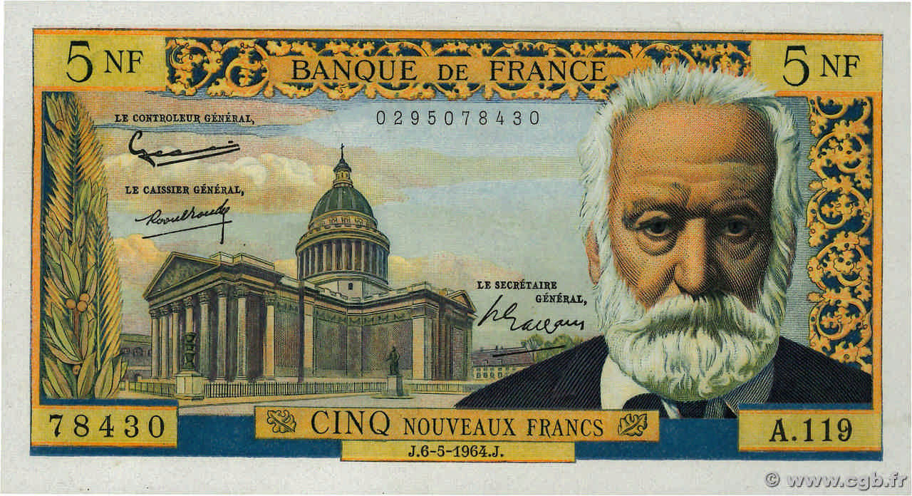 5 Nouveaux Francs VICTOR HUGO FRANKREICH  1964 F.56.15 VZ+