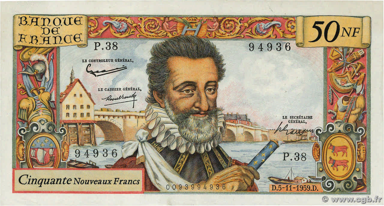 50 Nouveaux Francs HENRI IV FRANCE  1959 F.58.04 VF+