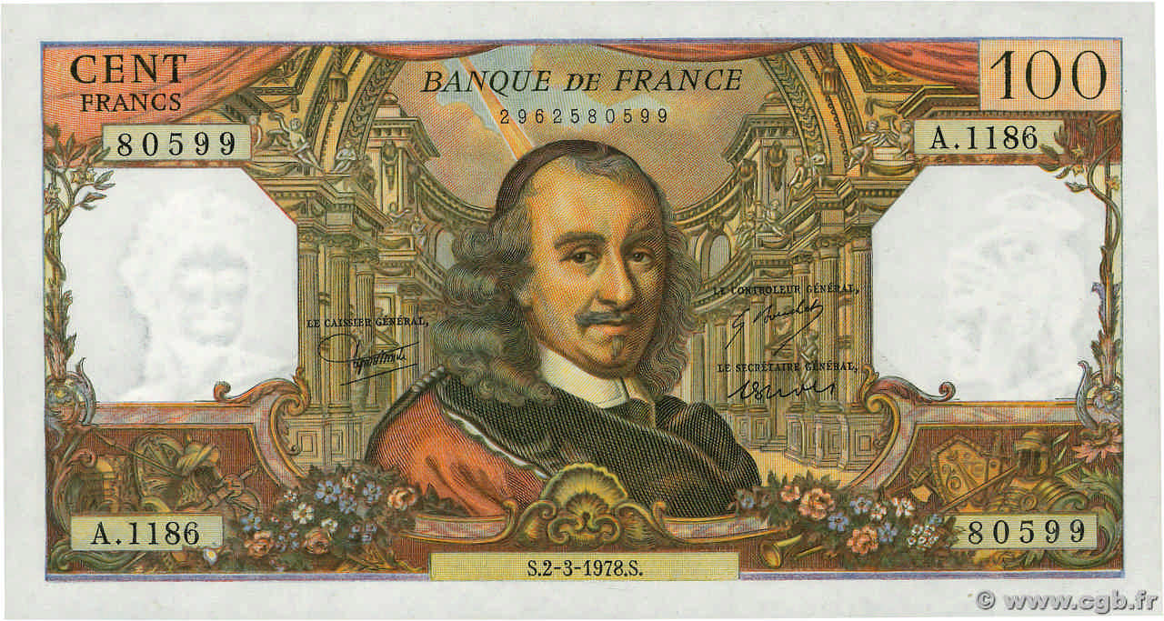 100 Francs CORNEILLE FRANKREICH  1978 F.65.62 fST+