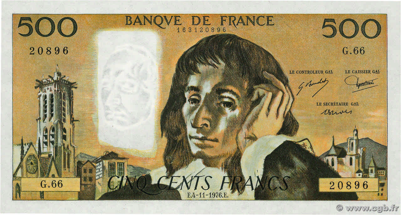 500 Francs PASCAL FRANCE  1976 F.71.15a UNC-