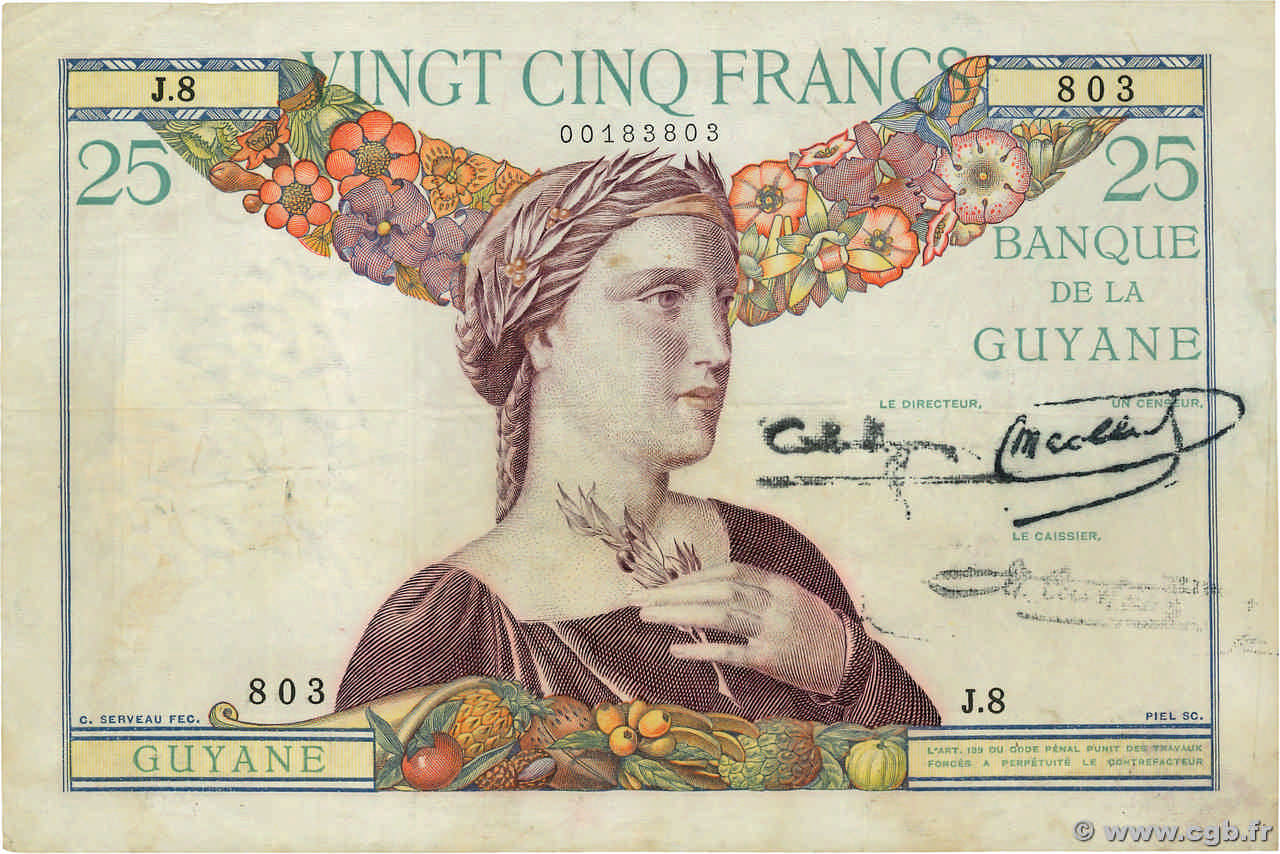 25 Francs FRENCH GUIANA  1940 P.07 VF