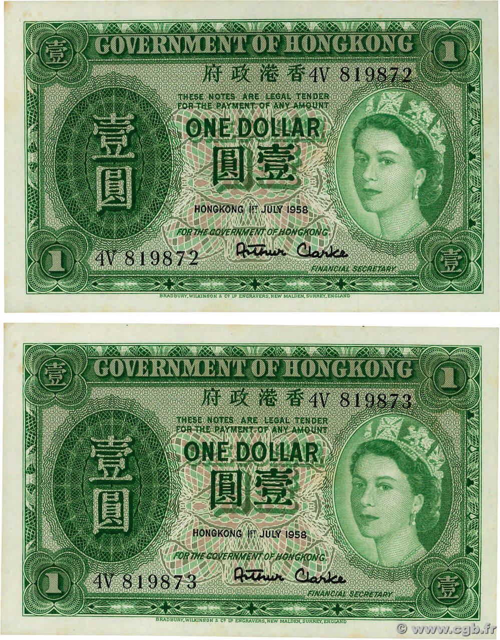 1 Dollar Consécutifs HONG-KONG  1958 P.324Ab SC+