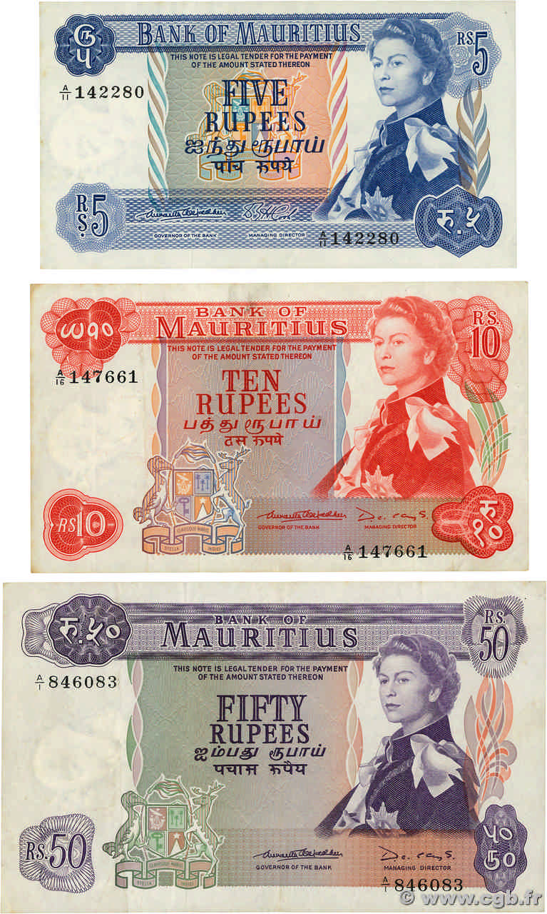 5, 10 et 50 Rupees Lot MAURITIUS  1967 P.30a, P.31b et P.33b VF - XF