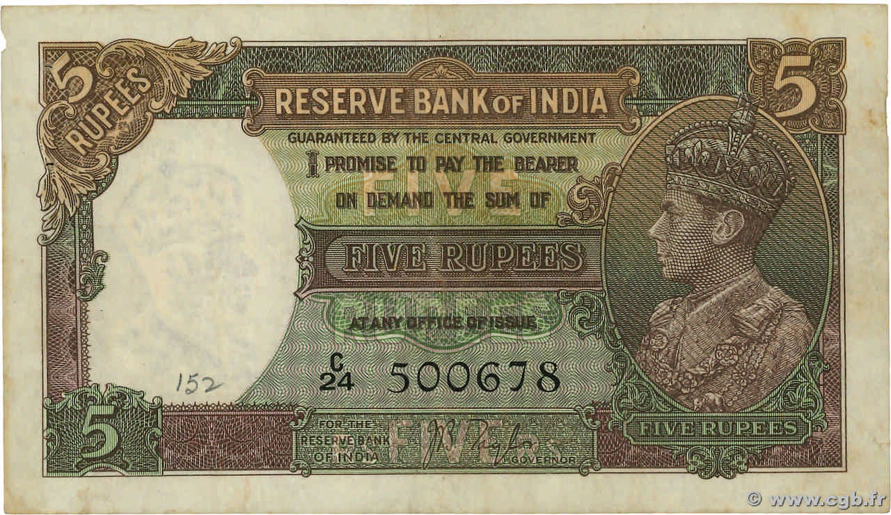5 Rupees INDE  1937 P.018a TB+