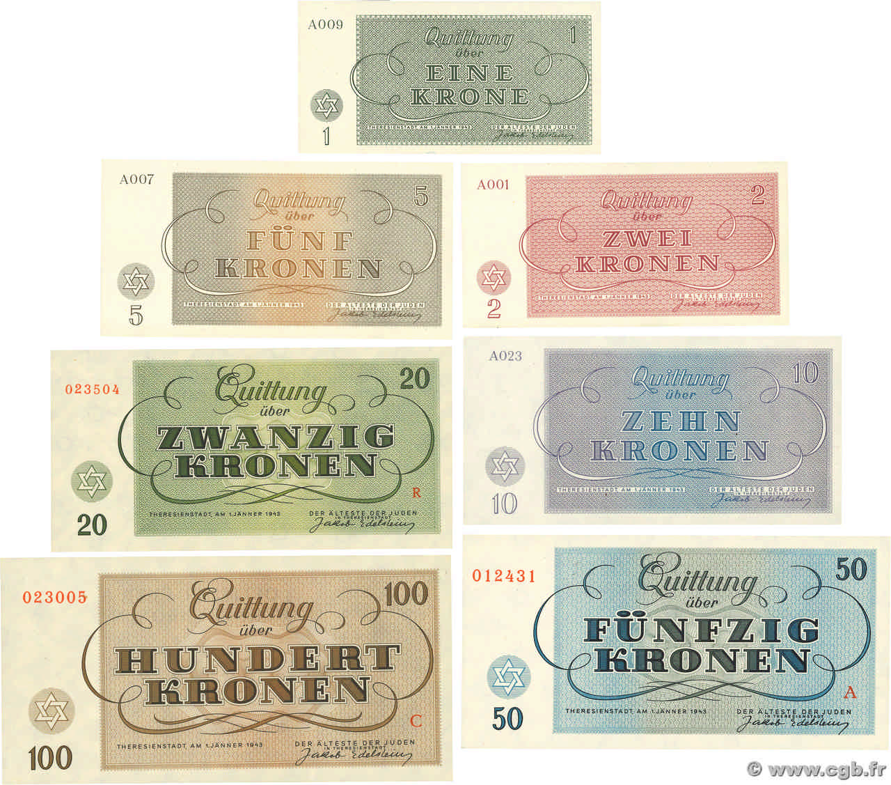 1 au 100 Kronen Lot ISRAEL Terezin / Theresienstadt 1943 WW II.701 au 707 UNC