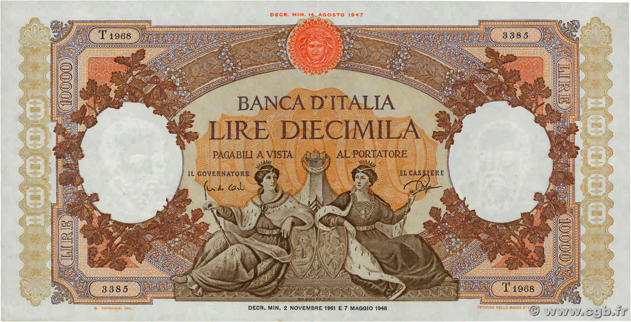 10000 Lire ITALY  1961 P.089d XF