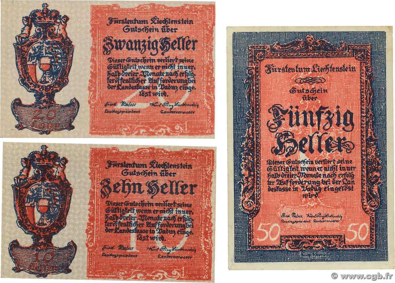 10, 20 et 50 Heller Lot LIECHTENSTEIN  1920 P.01, P.02 et P.03 SC+