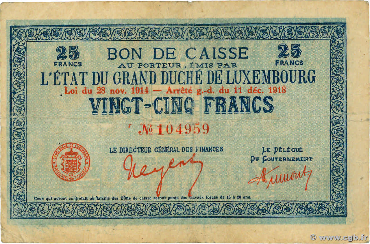 25 Francs LUXEMBURGO  1919 P.31b BC