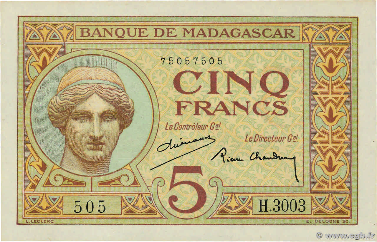 5 Francs Numéro radar MADAGASCAR  1937 P.035 pr.NEUF
