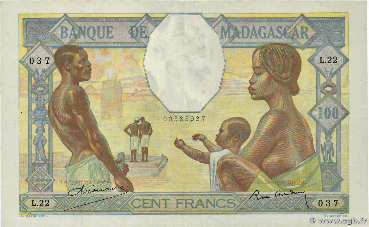 100 Francs MADAGASCAR  1937 P.040 q.SPL