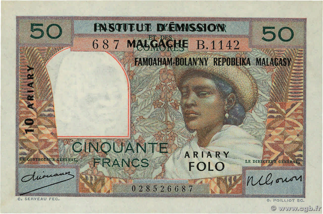 50 Francs - 10 Ariary MADAGASCAR  1961 P.051a SC+