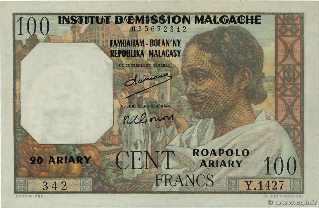 100 Francs - 20 Ariary MADAGASCAR  1961 P.052 UNC-
