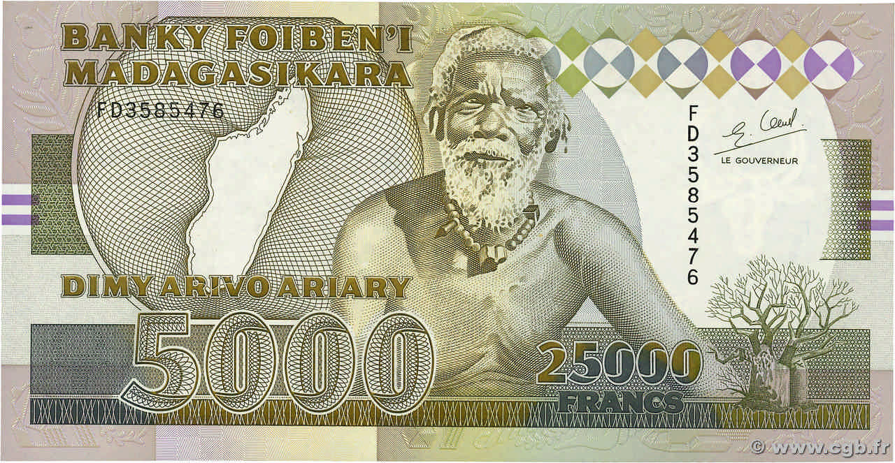 25000 Francs - 5000 Ariary MADAGASCAR  1988 P.074Ab NEUF