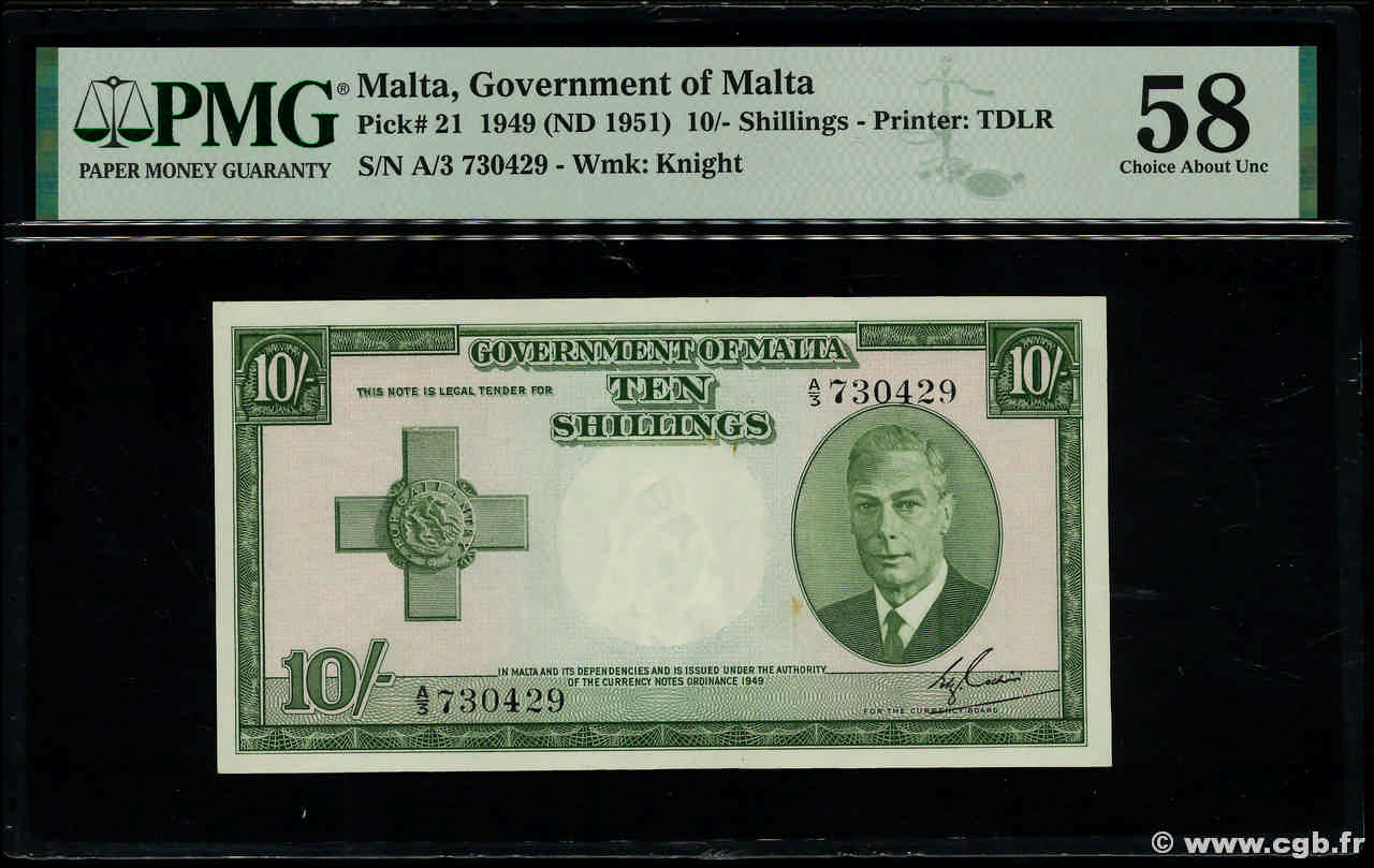 10 Shillings MALTE  1951 P.21 SPL