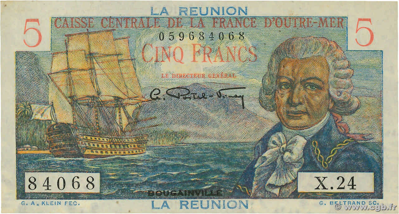 5 Francs Bougainville REUNION INSEL  1946 P.41a VZ+