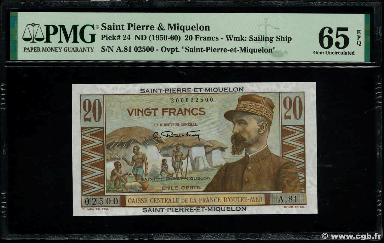 20 Francs Émile Gentil SAN PEDRO Y MIGUELóN  1946 P.24 FDC