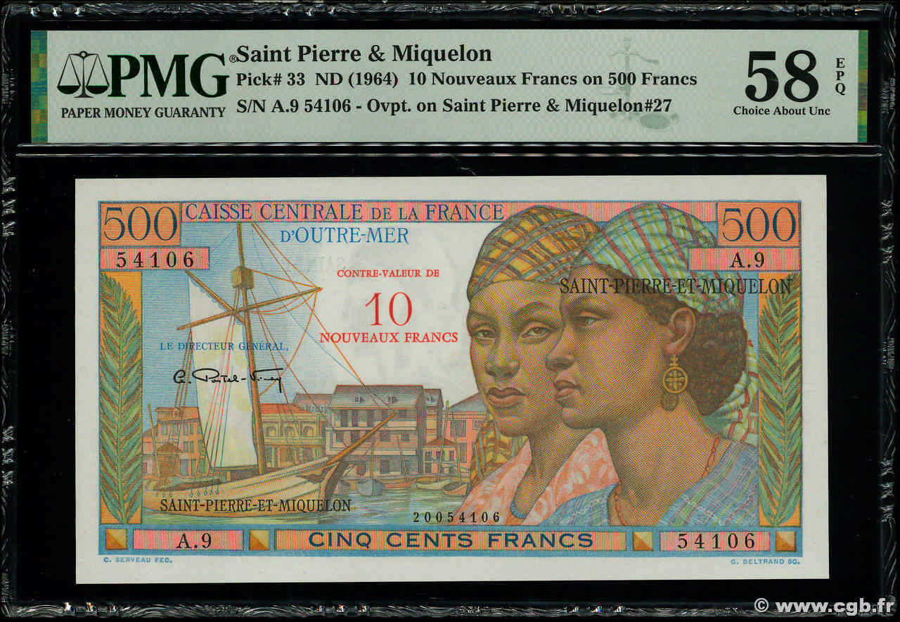 10 NF sur 500 Francs Pointe à Pitre SAN PEDRO Y MIGUELóN  1964 P.33 SC