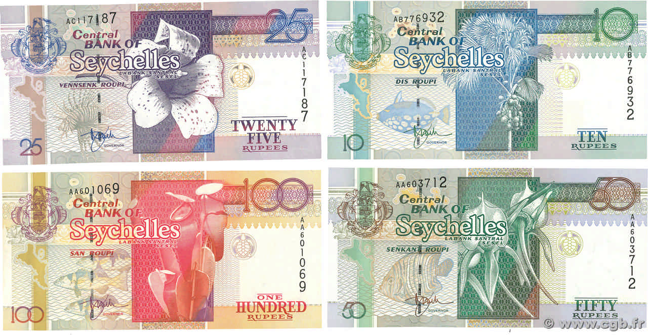 10, 25, 50 et 100 Rupees Lot SEYCHELLES  2005 P.36a, P.37a, P.38 et P.39 SPL