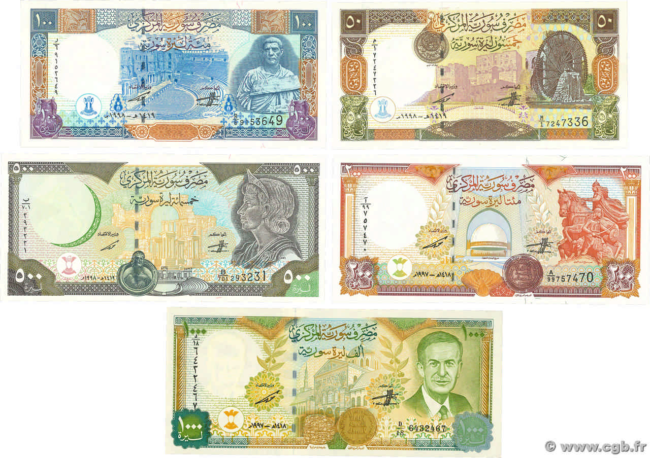 50, 100, 200, 500 et 1000 Pounds Lot SYRIE  1997 P.107, P.108, P.109, P.110c et P.111b NEUF