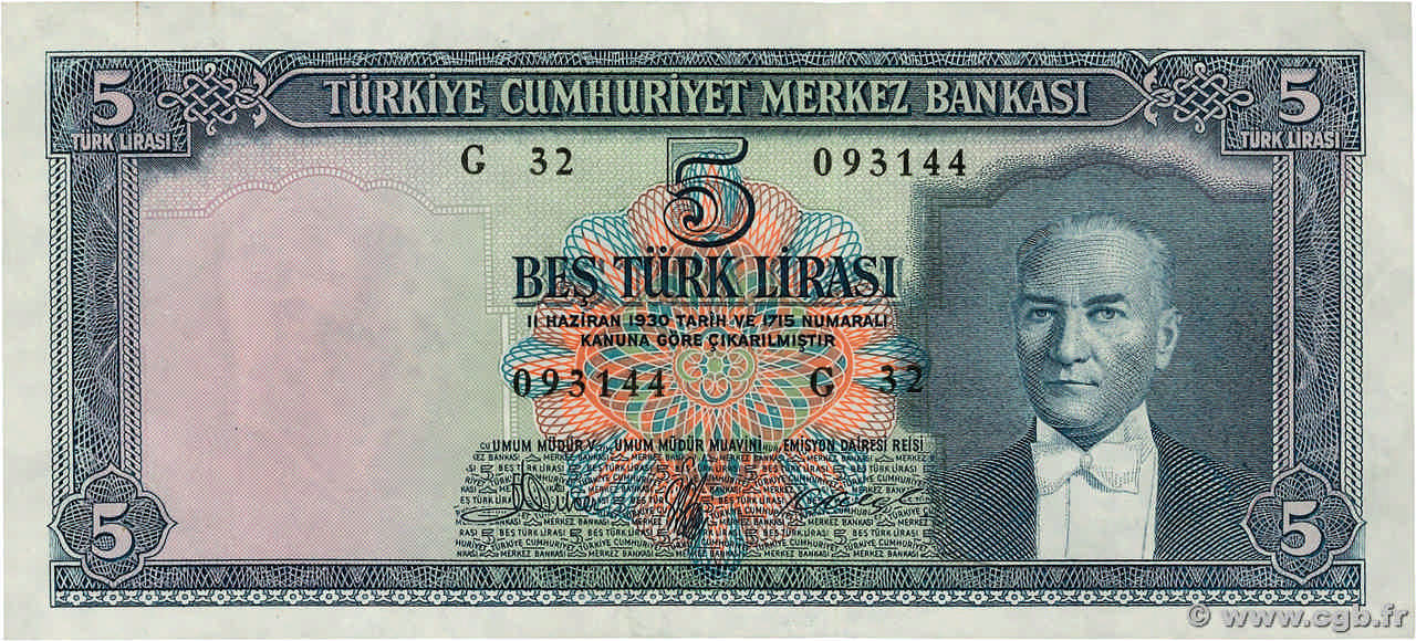 5 Lira TÜRKEI  1961 P.173 fVZ