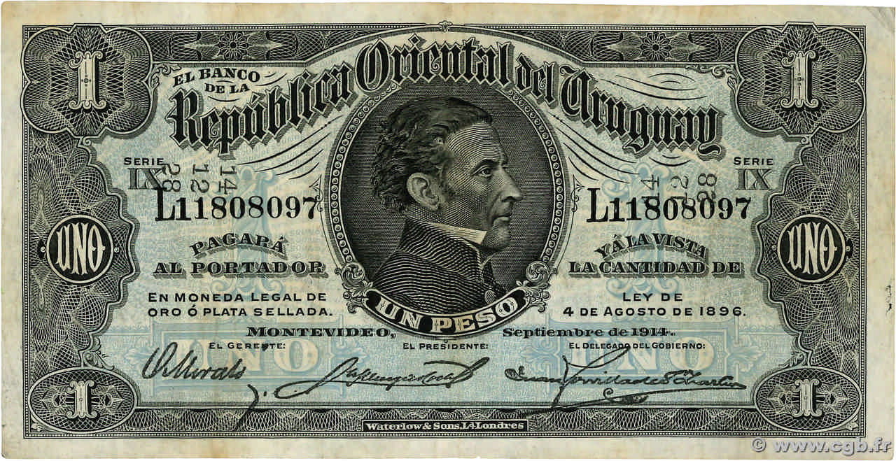 1 Peso URUGUAY  1914 P.009b fSS