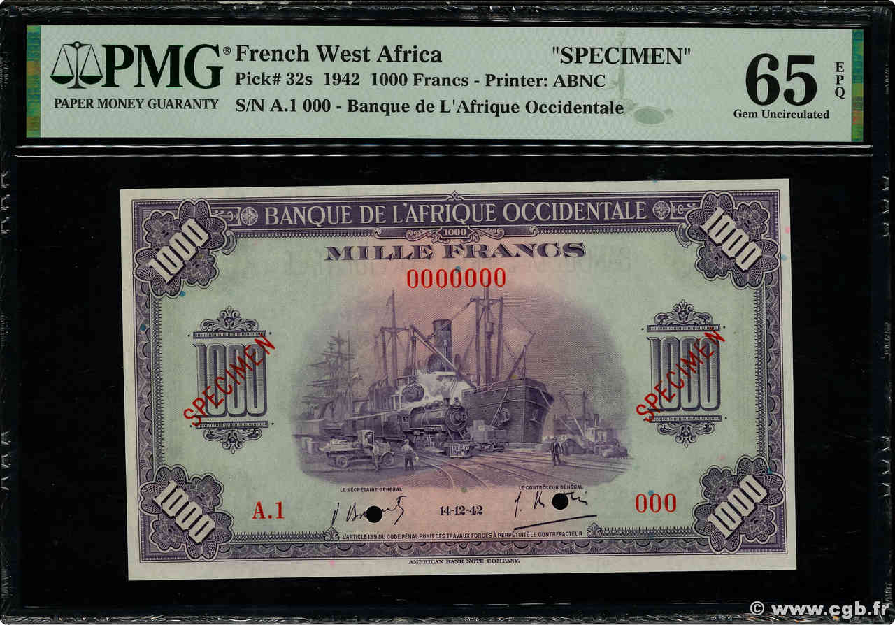 1000 Francs Spécimen FRENCH WEST AFRICA  1942 P.32s SC