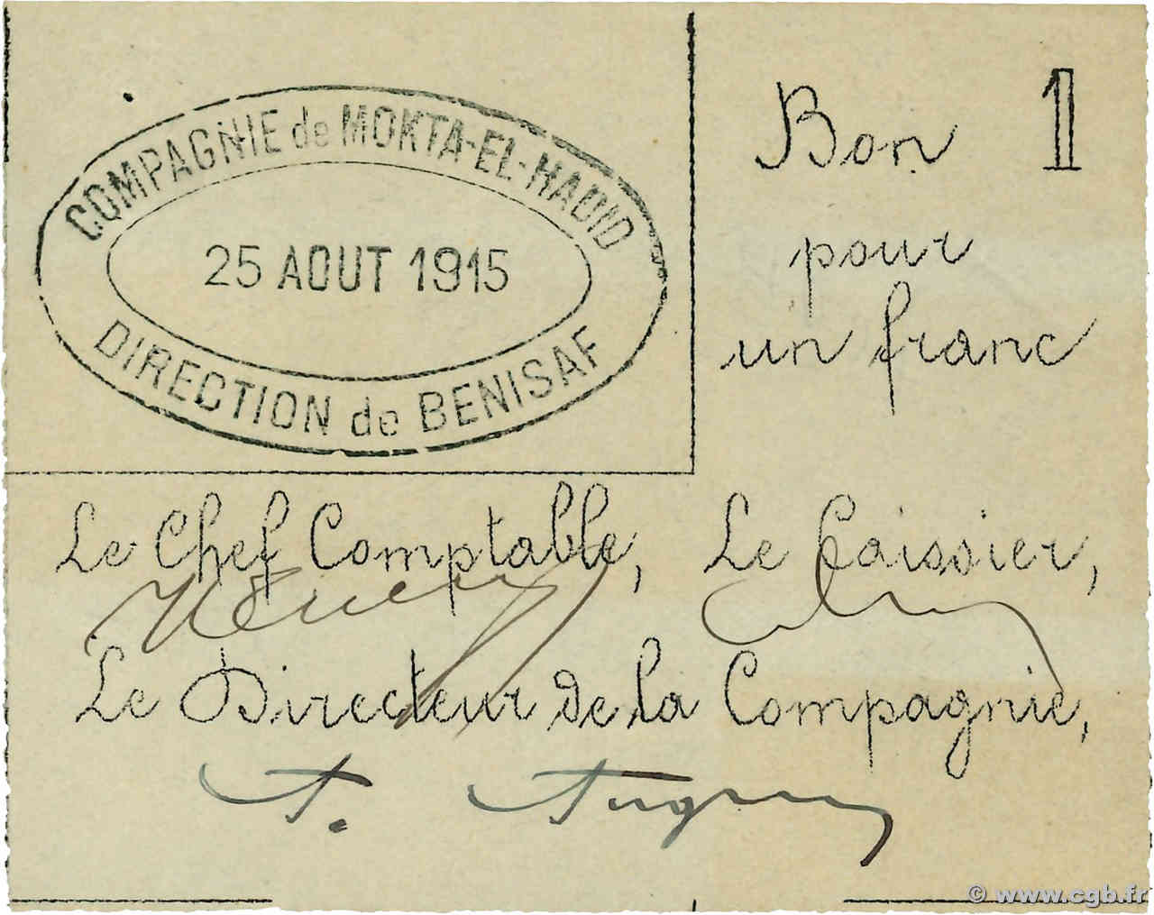 1 Franc ALGÉRIE Bénisaf 1915 JPCV.12 SUP