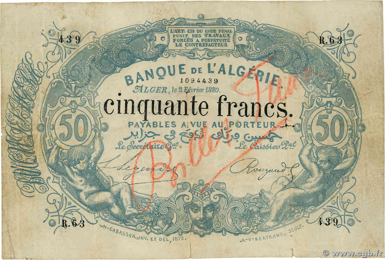 50 Francs Faux ARGELIA  1880 P.017x BC+