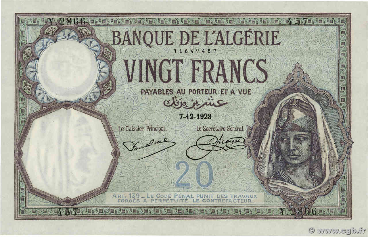 20 Francs ALGERIA  1928 P.078b AU-