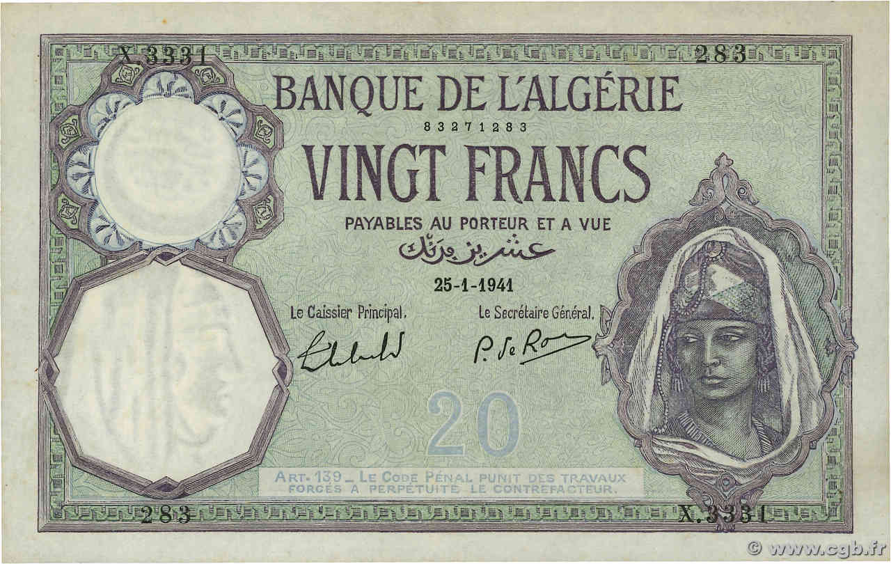 20 Francs ALGÉRIE  1941 P.078c pr.SPL