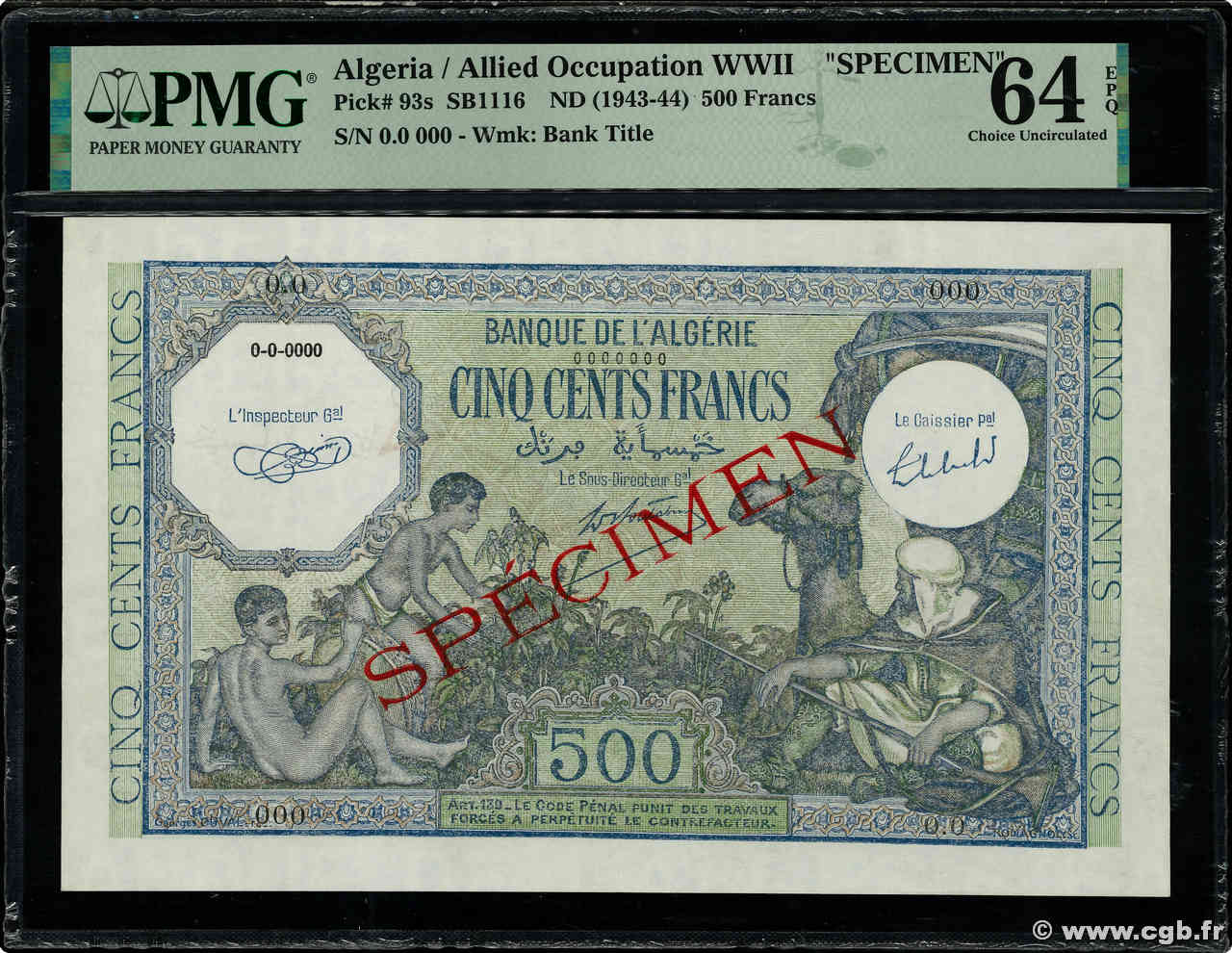 500 Francs Spécimen ALGÉRIE  1943 P.093s pr.NEUF