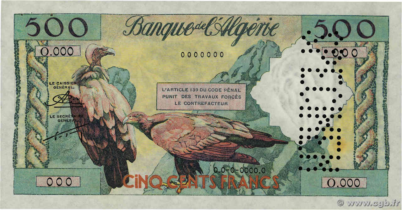 500 Francs Spécimen ALGERIA  1958 P.117s XF+
