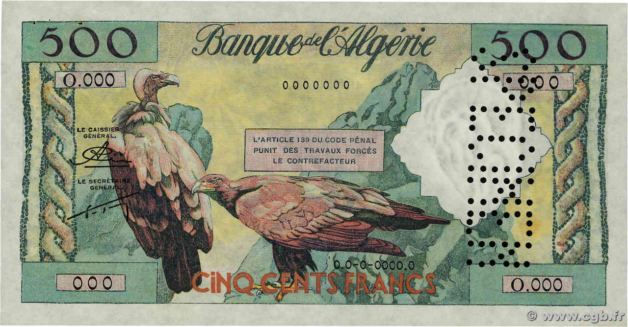 500 Francs Spécimen ALGERIA  1958 P.117s SPL+