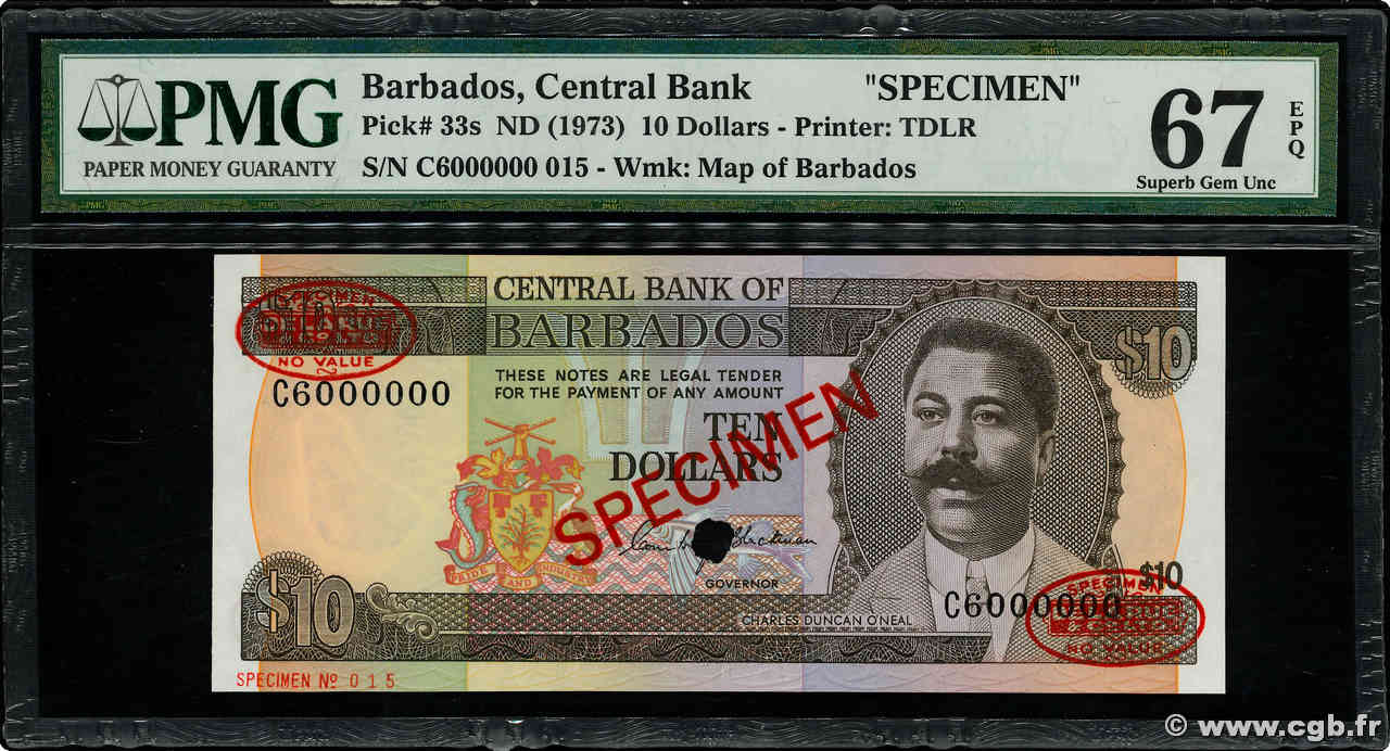 10 Dollars Spécimen BARBADOS  1973 P.33s FDC