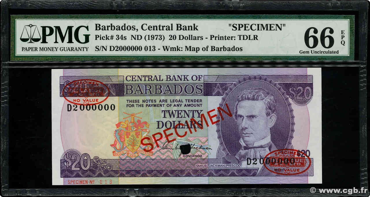 20 Dollars Spécimen BARBADOS  1973 P.34s UNC