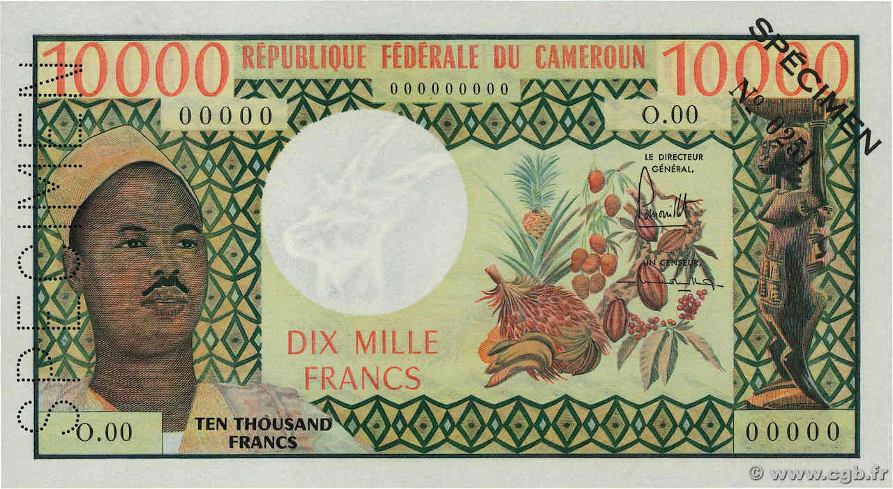 10000 Francs Spécimen CAMERUN  1972 P.14s q.FDC