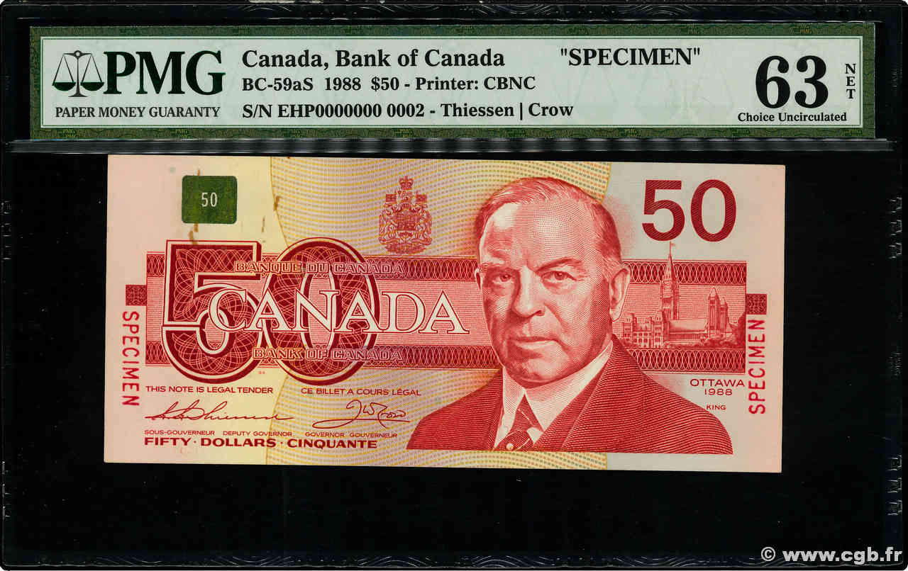 50 Dollars Spécimen CANADA  1988 P.098as pr.NEUF