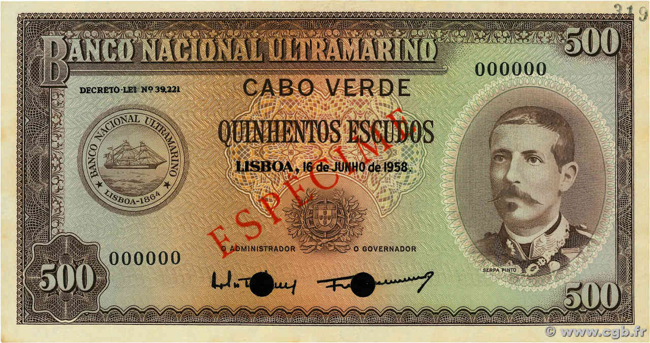 500 Escudos Spécimen CAP VERT  1920 P.50s pr.NEUF