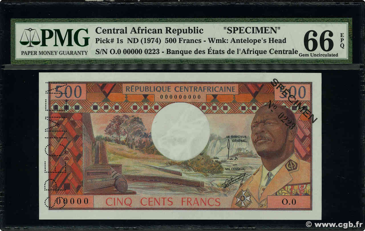 500 Francs Spécimen ZENTRALAFRIKANISCHE REPUBLIK  1974 P.01s ST