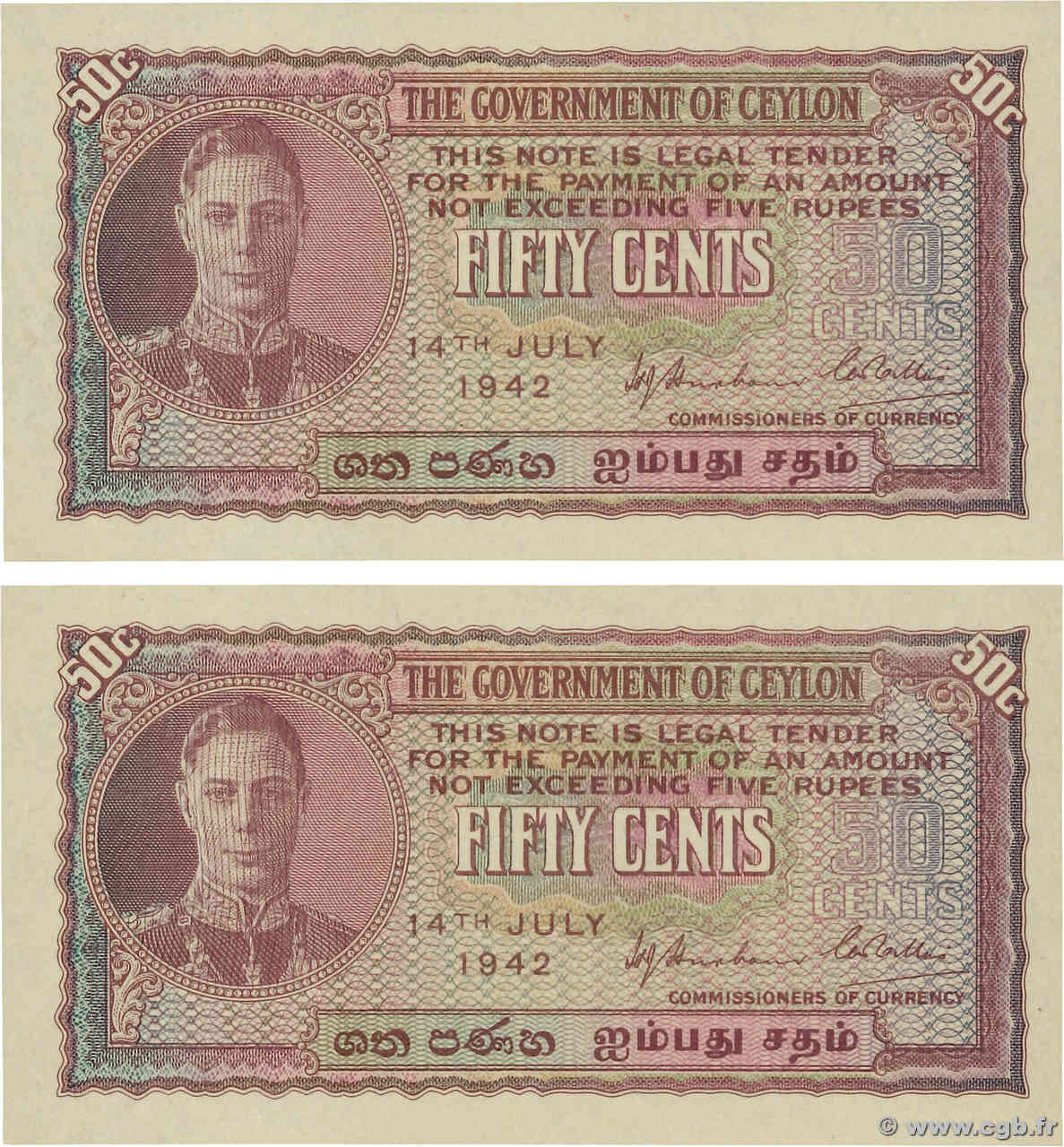 50 Cents Consécutifs CEYLON  1942 P.045a ST