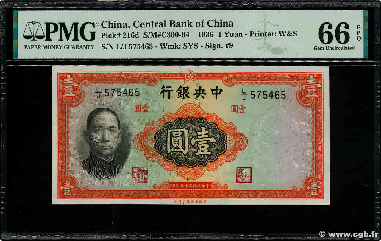1 Yüan CHINA  1936 P.0216d UNC