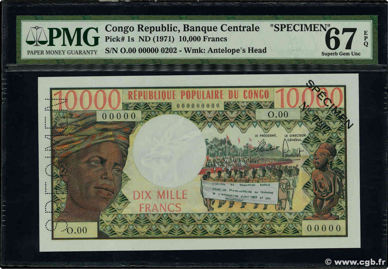 10000 Francs Spécimen CONGO  1971 P.01s NEUF