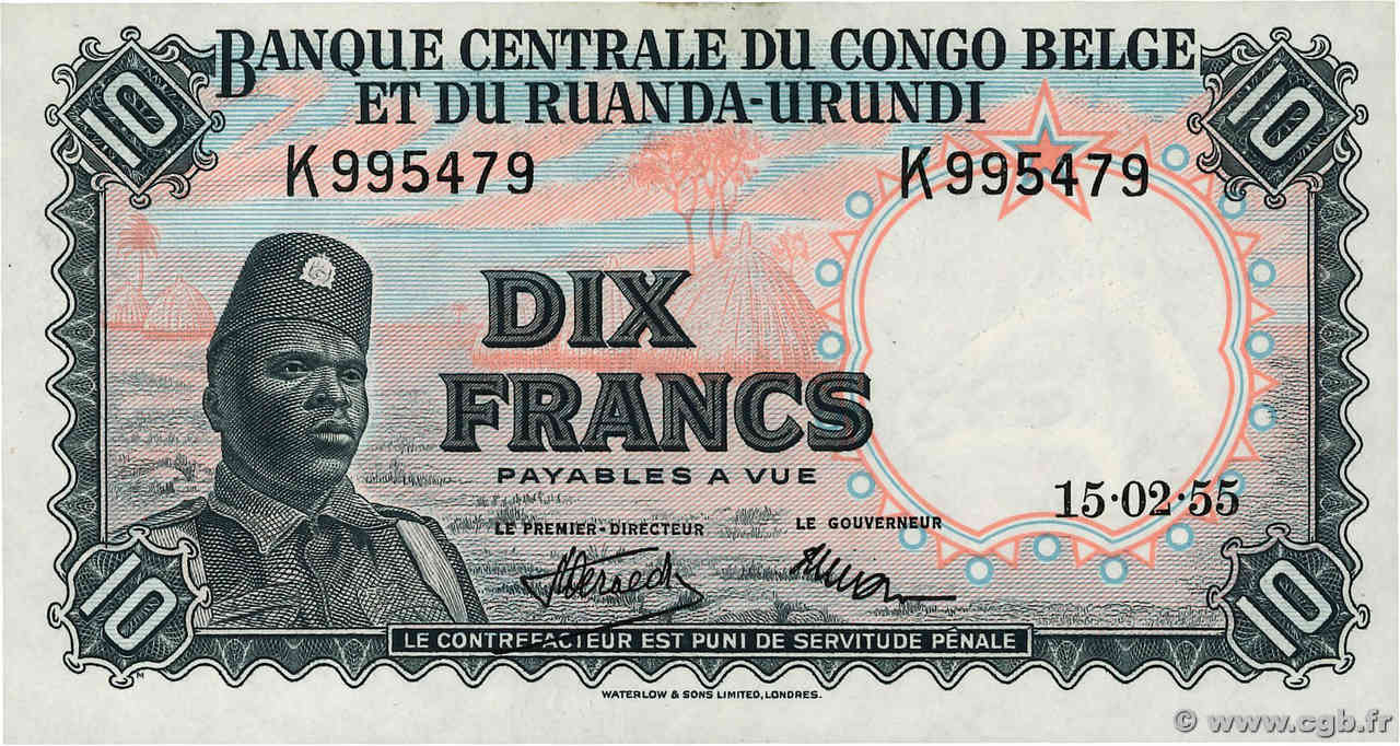 10 Francs CONGO BELGA  1955 P.30a q.FDC