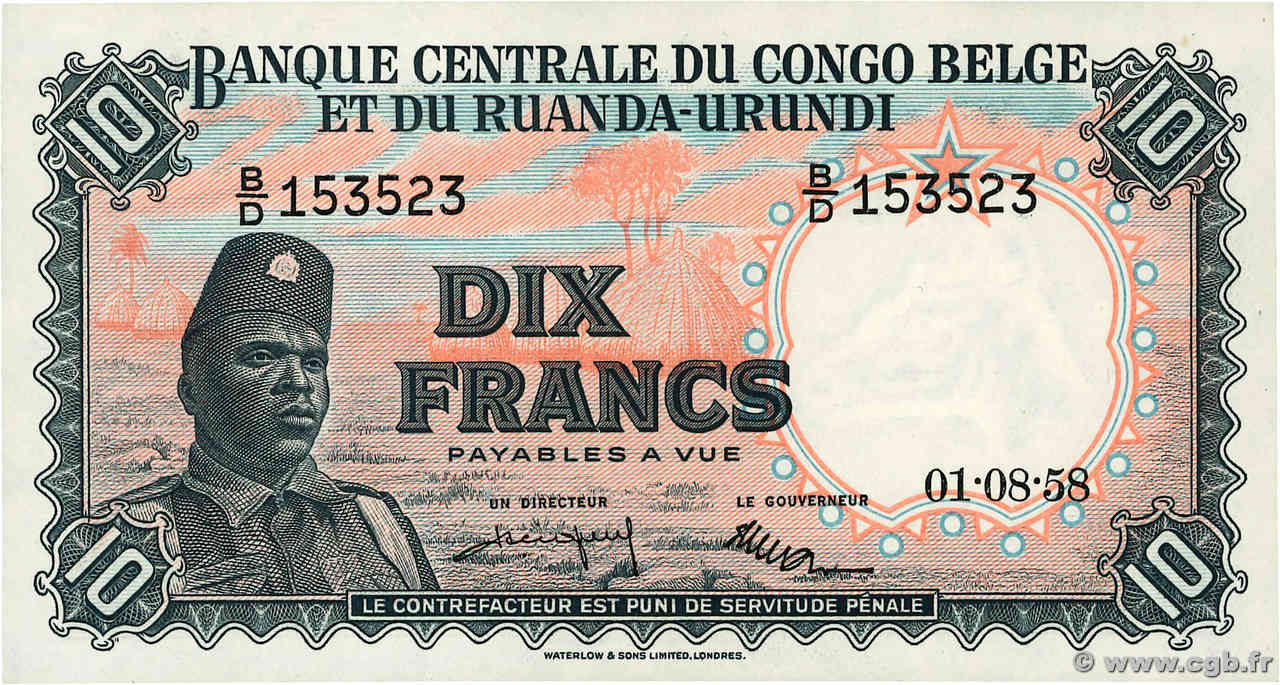 10 Francs CONGO BELGA  1958 P.30b AU