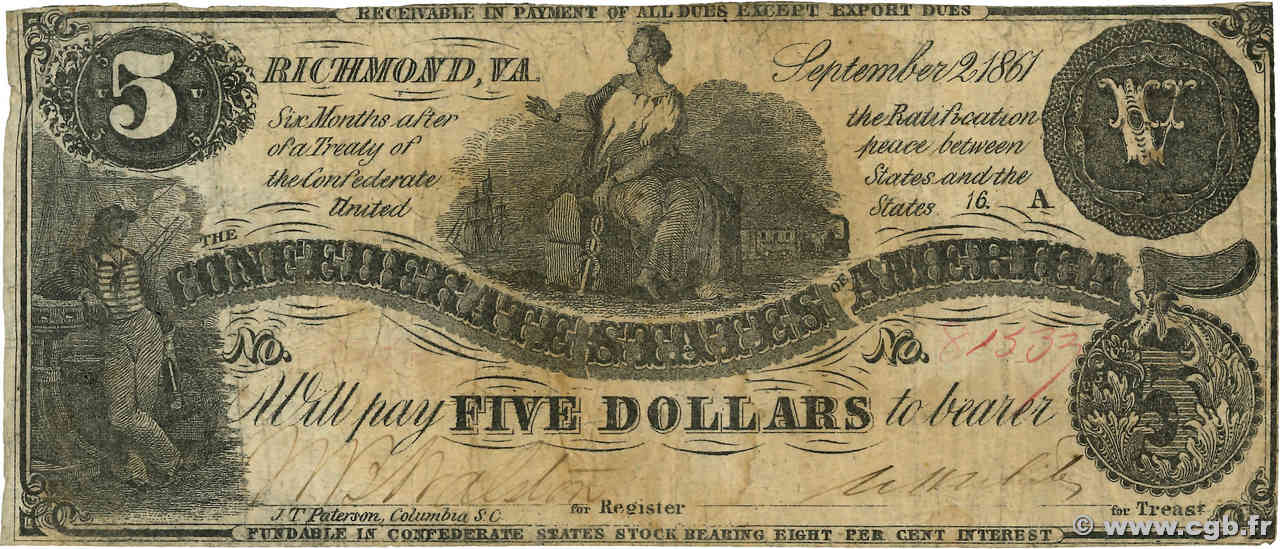 5 Dollars Гражданская война в США  1861 P.19c F-