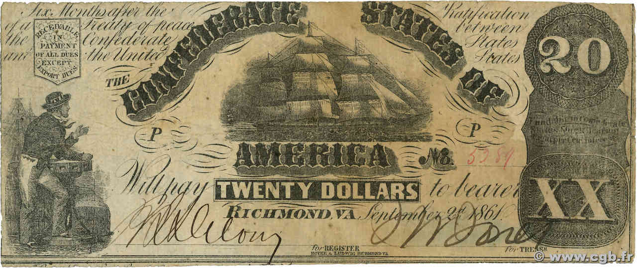 20 Dollars ESTADOS CONFEDERADOS DE AMÉRICA Richmond 1861 P.31 BC