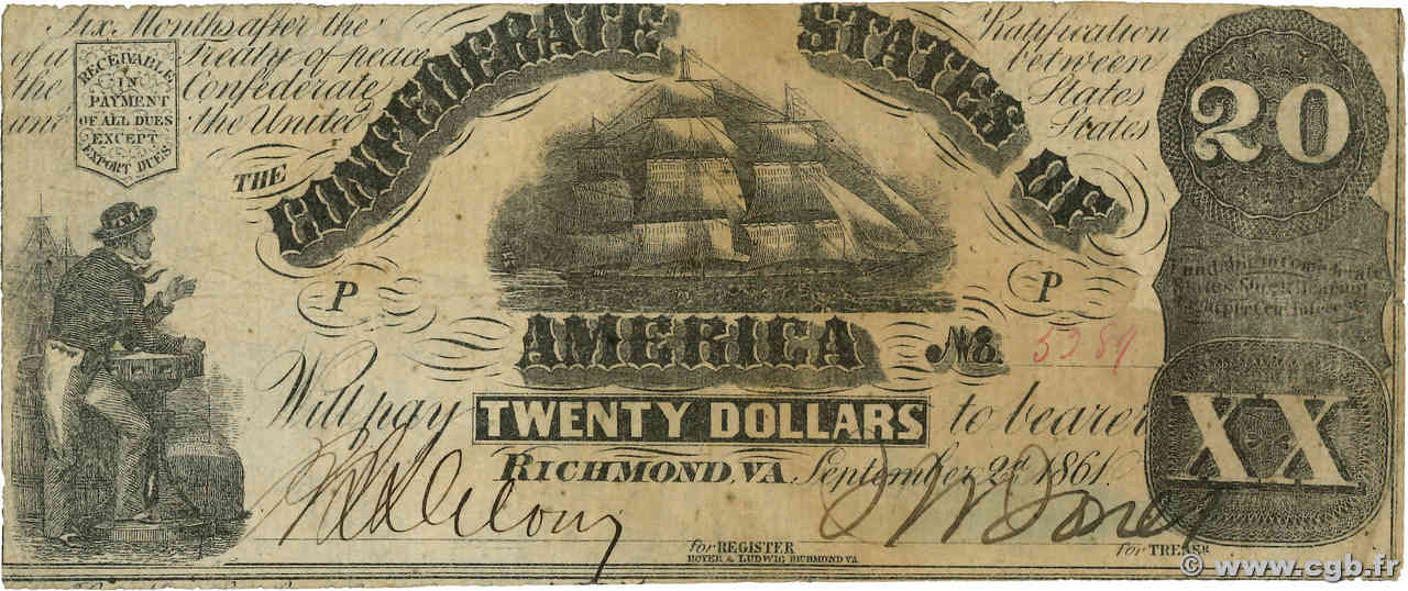 20 Dollars STATI CONFEDERATI D AMERICA Richmond 1861 P.31 MB